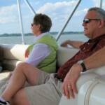 Jim Tucker cruising whhile Carol Else and  Sandra Tucker gaze into the bay.